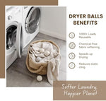 Close up view of authentic imported wool balls that reduce static and wrinkles