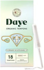 Daye 100% organic cotton tampon with sugarcane applicator shown clearly.