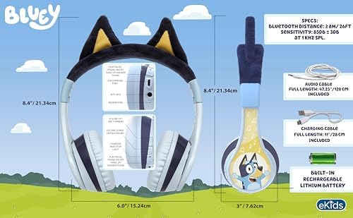 eKids Bluey over ear wireless headset showcasing adjustable headband mechanics for custom fit