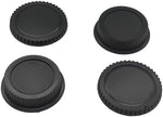 Black plastic camera body cap piece highlighting the precise alignment dots for secure twisting onto compatible DSLR housings.
