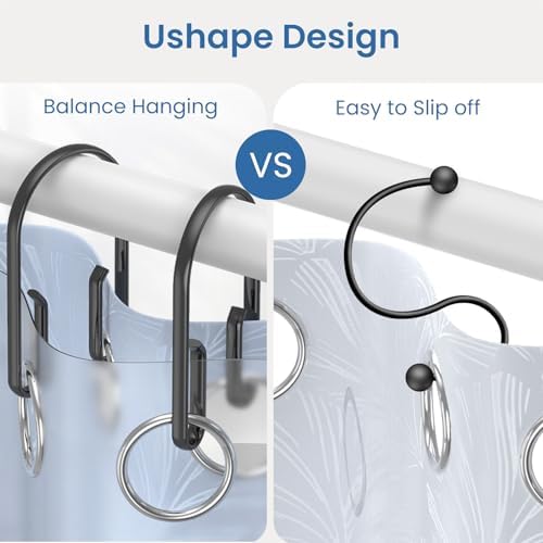 VicSWJtory stainless steel rust proof shower rings set of twelve pieces hanging over a bathroom rod.