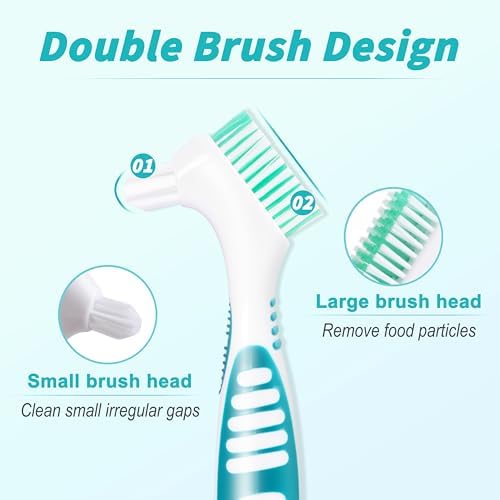Close up view of the dual action brush heads highlighting the large flat surface bristles and the smaller tapered precision cleaning tip.