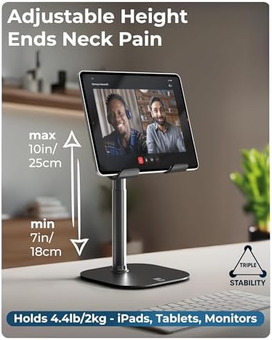 COOPER aluminum ipad stand for desk showing the telescoping rod extended to maximum ten inch height with an integrated portable monitor.