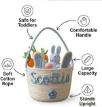 MBBEST personalized bunny basket standing upright filled with Easter eggs and holiday toys