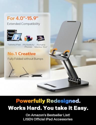 Foldable tablet holder collapsed completely flat next to a travel bag.