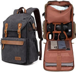Tuceng large capacity photography backpack open view revealing adjustable internal dividers and lens storage