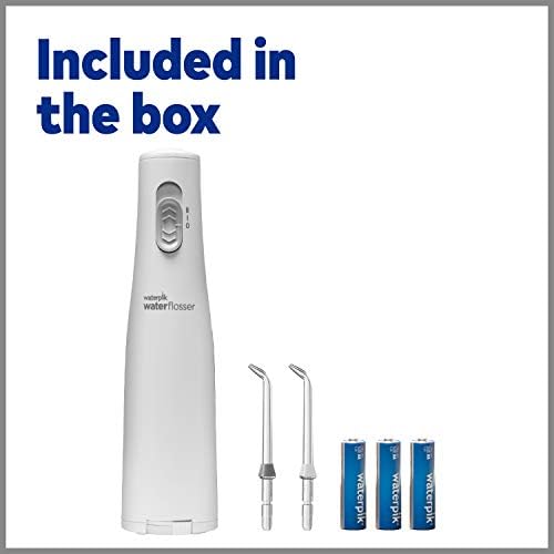 ADA Accepted Waterpik white portable flosser with two replacement tips