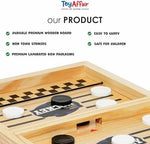 Compact and portable large size wooden slingshot game set up on a flat table.
