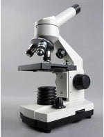 Close up of AmScope objective lenses and magnification knobs