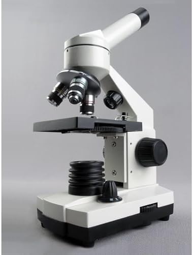 Close up of AmScope objective lenses and magnification knobs