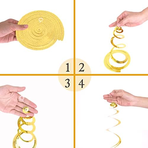 PIGETALE metallic gold stream decorations hanging elegantly at varying heights from a room ceiling.