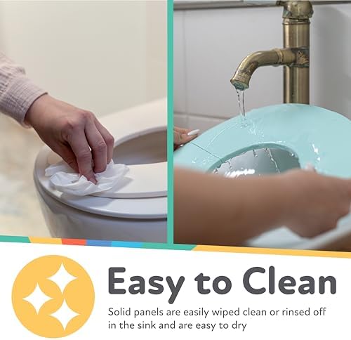 Nuby baby folding toilet seat placed on a standard adult restroom toilet