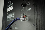 Five layer shielded SVS RCA audio cable displaying the precision machined aircraft grade aluminum shell