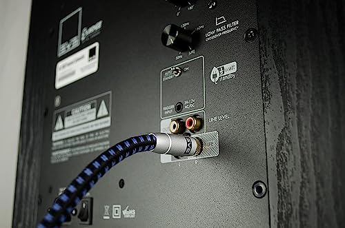 Five layer shielded SVS RCA audio cable displaying the precision machined aircraft grade aluminum shell
