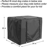 Three quarter angle of the dark shading dog crate cover illustrating universal fit dimensions.