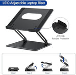 Sleek black desktop laptop elevator showing open frame ventilation design
