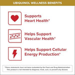 Side view of Qunol active form CoQ10 60 count supplement highlighting heart and vascular support facts