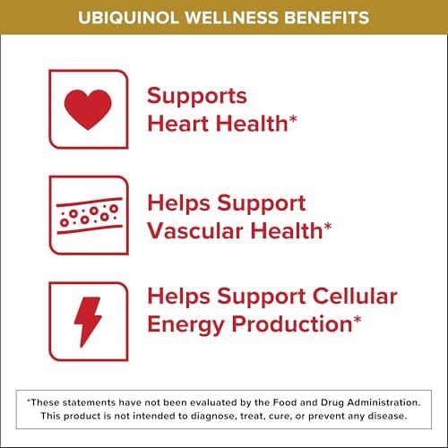 Side view of Qunol active form CoQ10 60 count supplement highlighting heart and vascular support facts