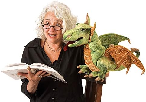 Demonstration of a hand animating the flapping wings of the Folkmanis dragon puppet.