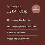 Back label of DIVA Wash showing natural plant-based ingredients