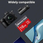 Yicunxin 16gb tf card being inserted into the included full size sd adapter sleeve for camera compatibility
