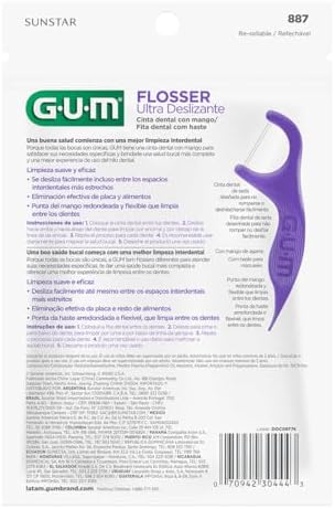GUM dental flosser with integrated pick for gum massage and food removal.