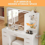 Airynee white makeup dressing table set with tri-folding LED lighted mirror