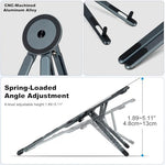 Aerospace grade aluminum desktop stand showing the eight levels of height adjustment.