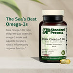 Standard Process Tuna Omega 3 fish oil softgels arranged next to the packaging bottle