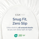 CGK Unlimited white fitted sheet showing deep pocket elastic detail