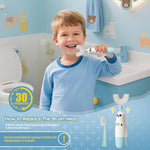 Toddler using the Meqtpomy U-shaped toothbrush demonstrating ergonomic grip for small hands.