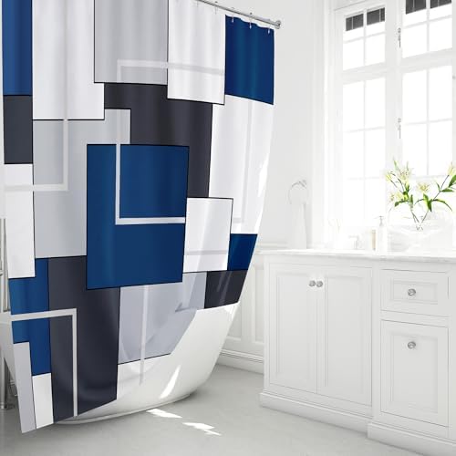 BTTN geometric pattern shower curtain close up of water repellent fabric droplets