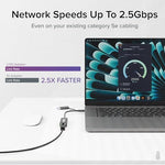 Side profile of the compact Plugable 2.5Gbps Ethernet adapter illustrating its sleek portable build.