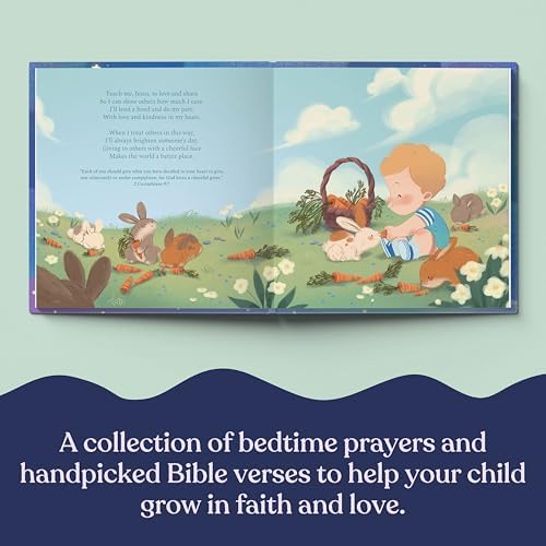 Luna Studios Bedtime Prayers customized baptism gift showing vibrant internal pages with Christian verses.
