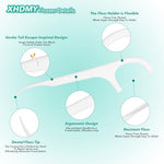 The dual function safety toothpick end of an oral care flosser highlighting the textured non slip grip handle.