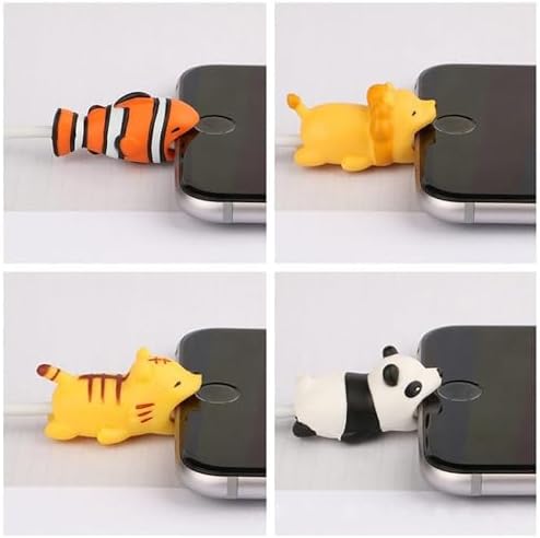 A collection of multi-colored animal shaped wire bites including sharks and turtles protecting phone chargers