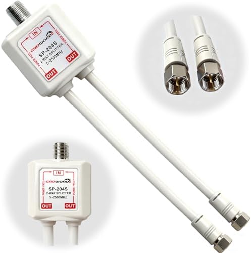 Groword digital television splitter showing the two output ports with clear 5-2500MHz frequency labeling