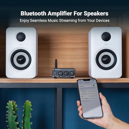 Fosi Audio two channel receiver component demonstrating compact size next to bookshelf speakers for desktop near field listening.