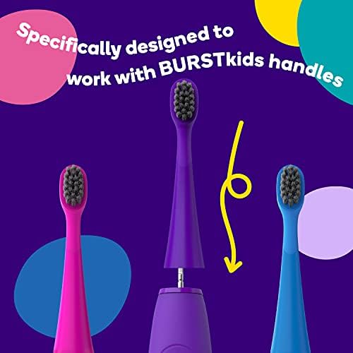 Three pack of authentic blue BURST kids toothbrush refills displaying the small compact head design for children.