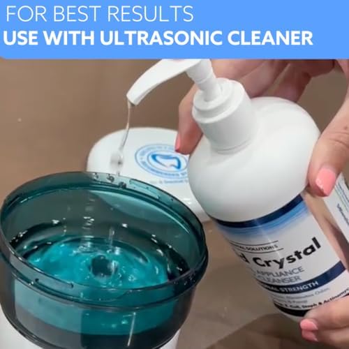 Close up of dentist designed liquid crystal denture cleanser packaging detailing pathogen protection features.
