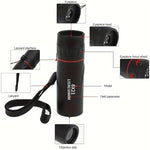 CFDGEVX lightweight weatherproof adventure telescope displayed with its protective carry pouch and wrist strap accessories.