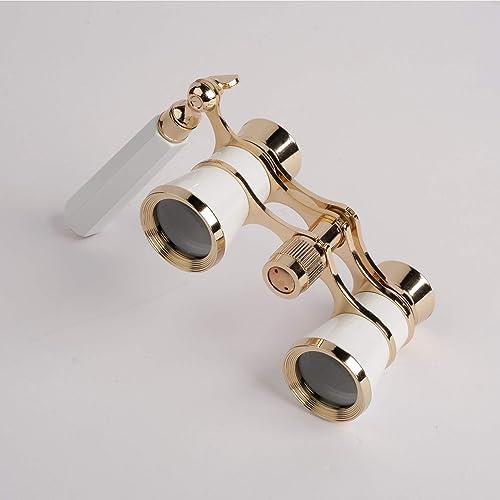 Marsrut white opera glasses shown alongside the included neck chain and cleaning cloth accessory kit