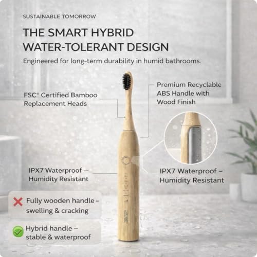 Sustainable Tomorrow premium sonic toothbrush showing the detachable FSC certified natural bamboo brush head close up.