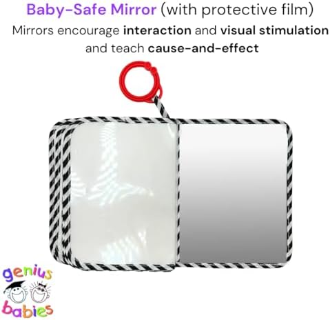 Genius Baby Toys infant development book highlighting the final page with the baby safe mirror.