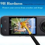 Close up view of 0.3mm thin tempered glass guard applied cleanly to an action camera touch display.