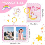 Rhoxshy interactive baby memory book opened to show clear photo pockets and shatterproof mirror