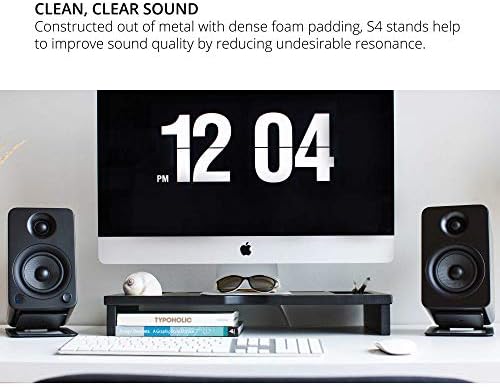Kanto S4 metal speaker stands on a studio desk setup