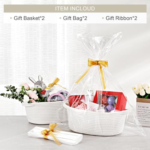 White cotton rope nursery organizer basket with handles filled with baby toys