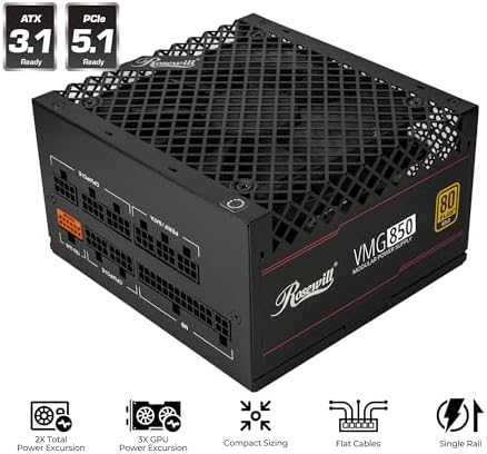 Rosewill 80 Plus Gold power supply unit showing the one hundred and twenty millimeter fluid dynamic bearing silent fan side