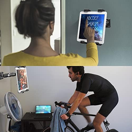 Dual ball and socket joint arm on a heavy duty tablet mount displaying three hundred sixty degree adjustment flexibility